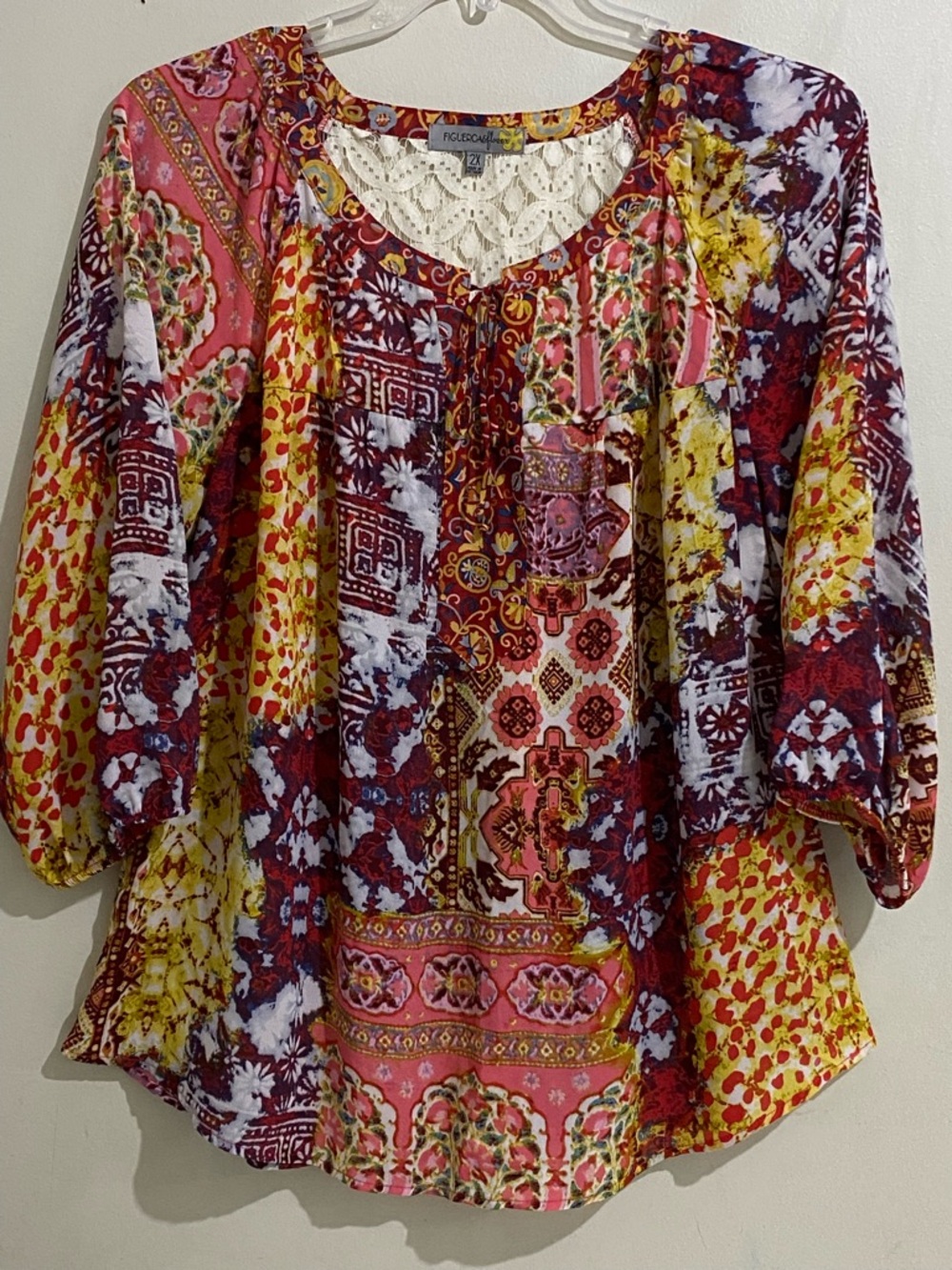 Anthropologie Mixed-Patch Floral Crochet-Yoke Tunic in Pink, Yellow, Burgundy